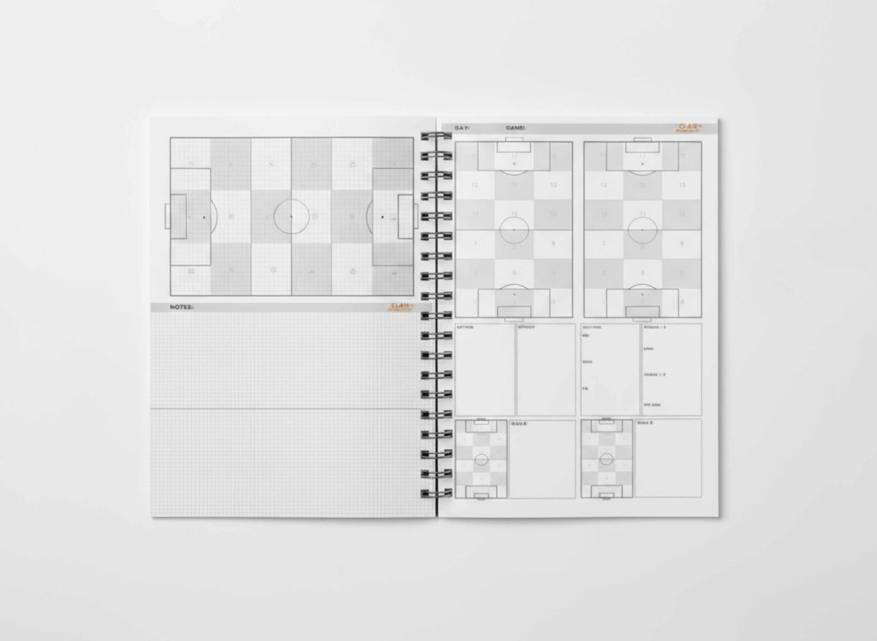 Open notebook with grid layout on a white background and soccer field