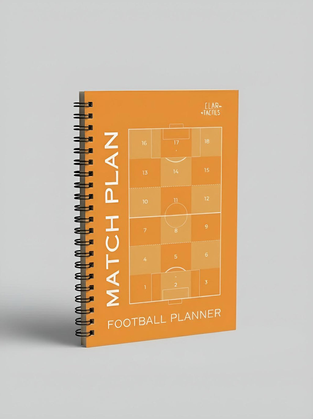 Orange football planner with 'Match Plan' text and soccer field on a gray background