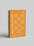 Orange football planner with 'Match Plan' text and soccer field on a gray background