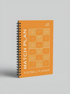 Orange football planner with 'Match Plan' text and soccer field on a gray background