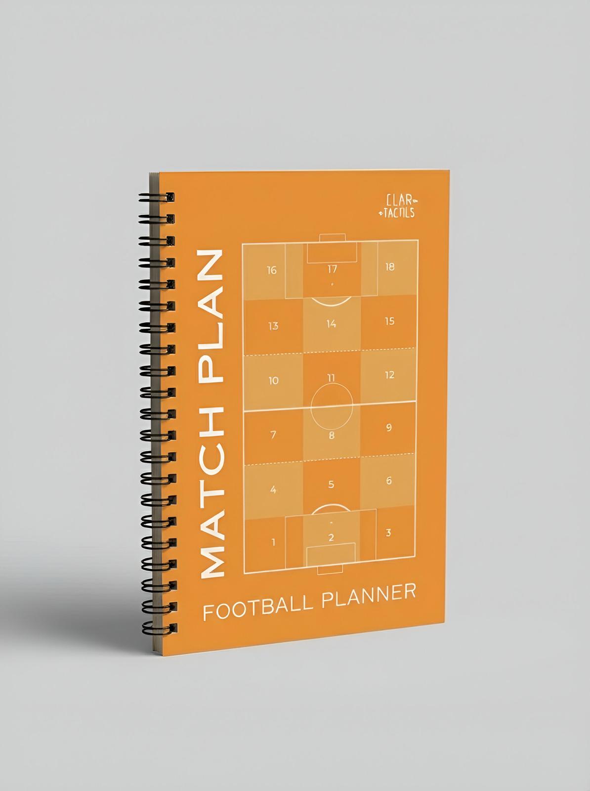 Orange football planner with 'Match Plan' text and soccer field on a gray background