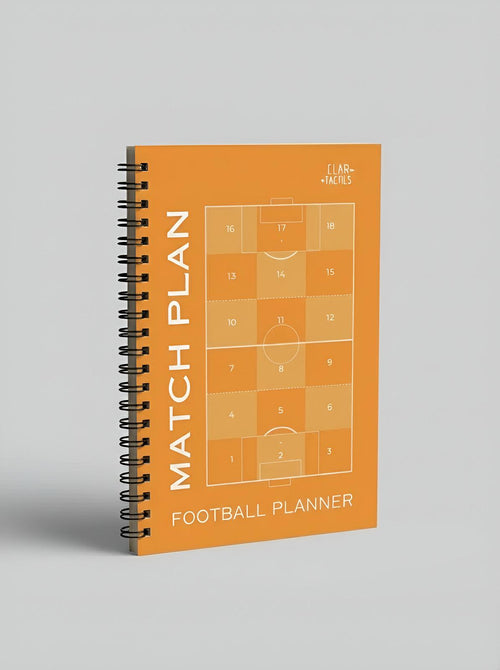 Orange football planner with 'Match Plan' text and soccer field on a gray background