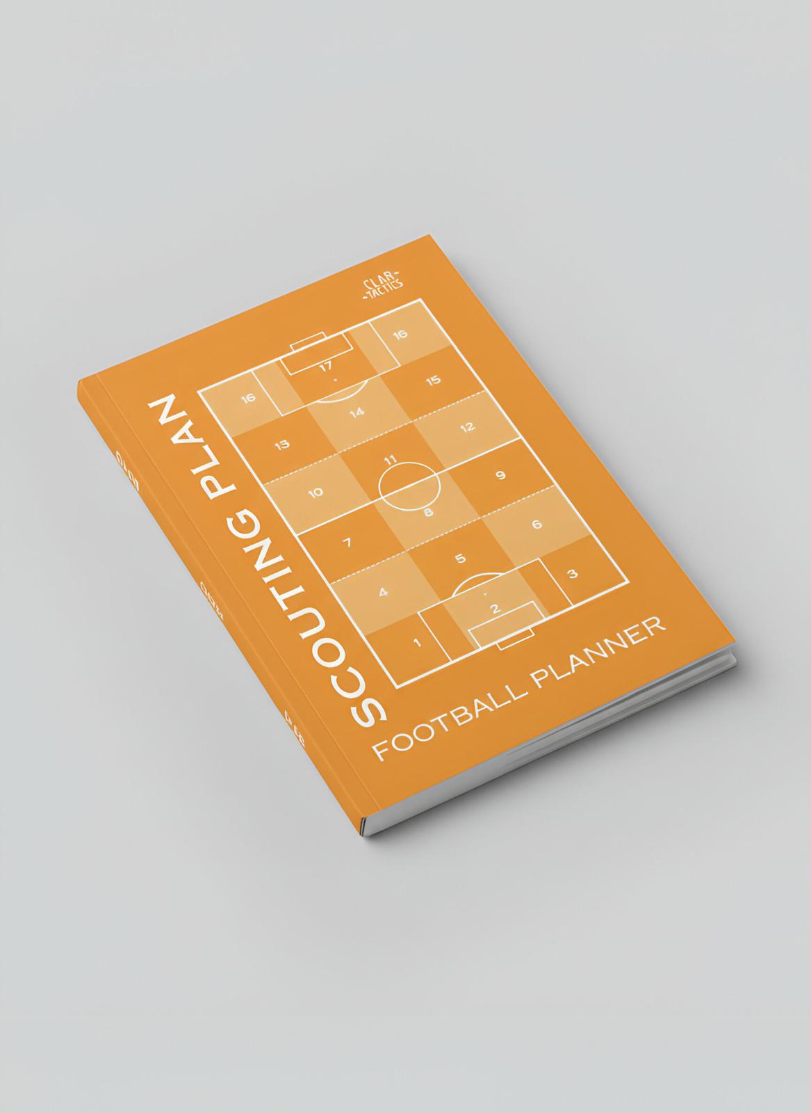 Football planner with scouting plan design on an orange cover against a gray background
