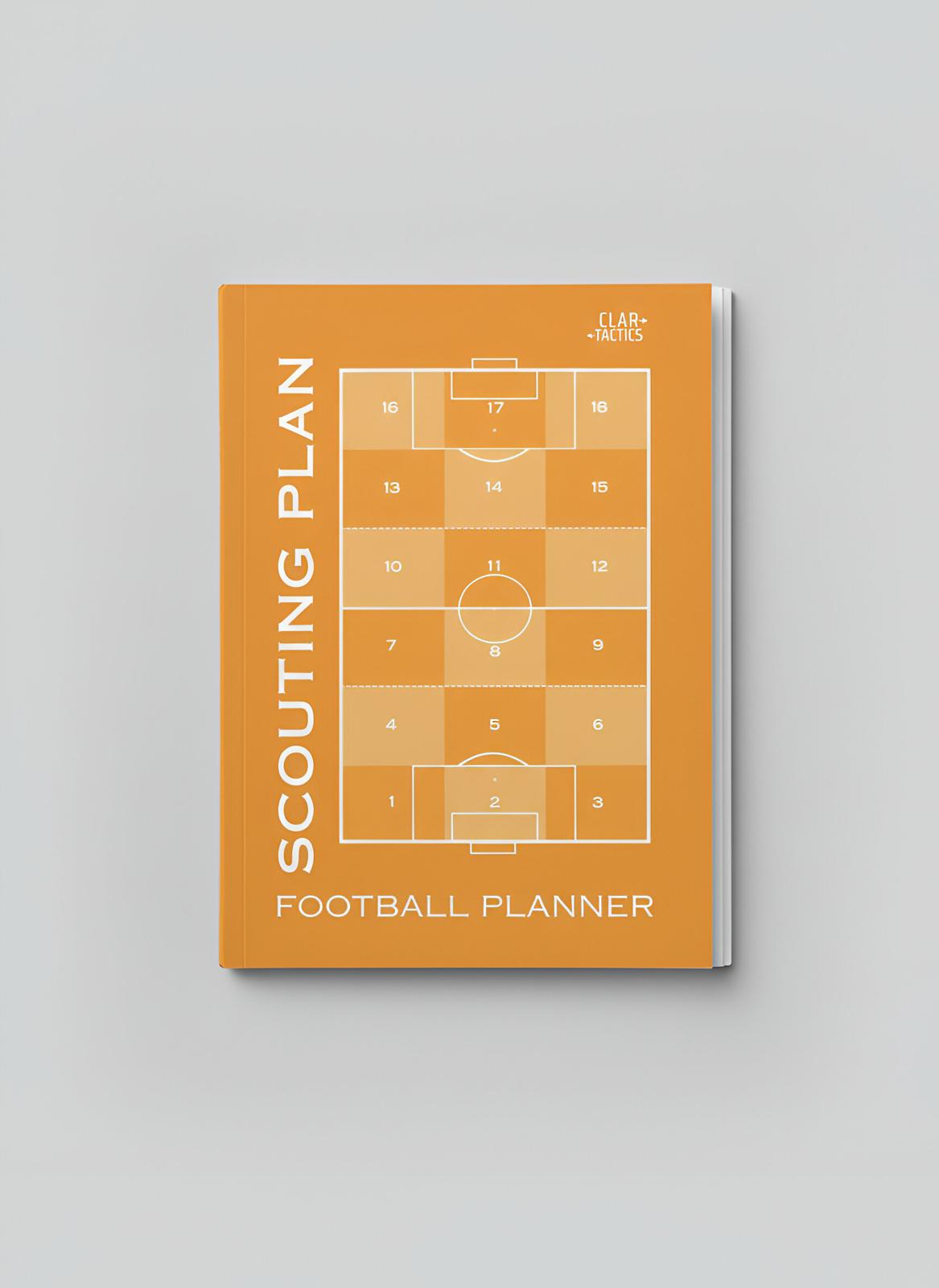 Football planner with scouting plan design on an orange cover against a gray background