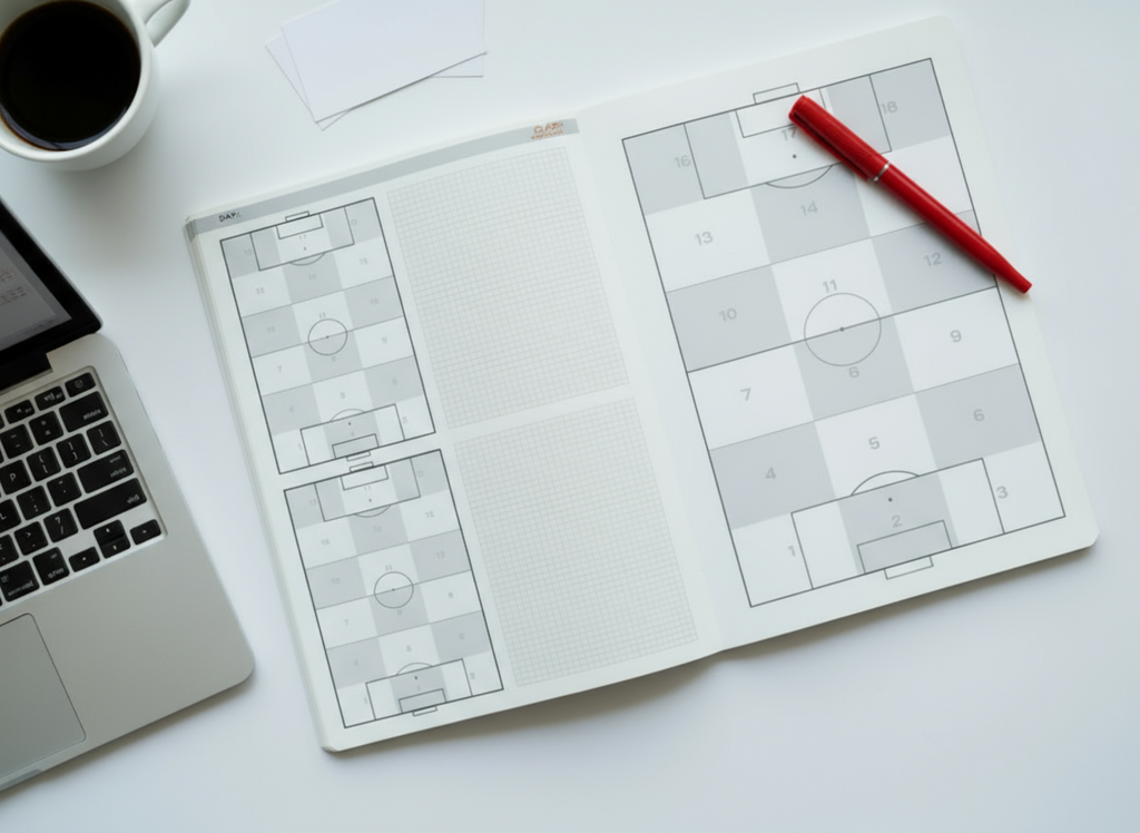 Open notebook with soccer field diagrams, laptop, and coffee cup on a white surface
