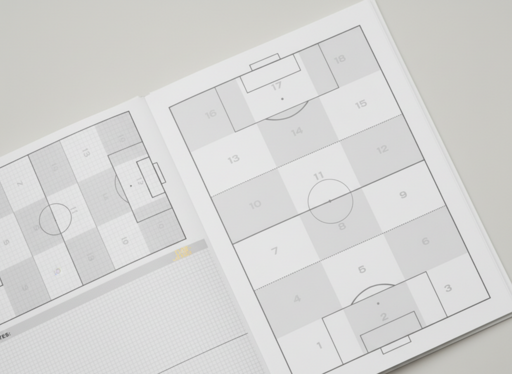 Two sheets of paper with soccer field diagrams on a light gray background