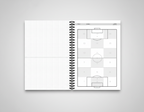 Notebook with soccer field diagram on a gray background