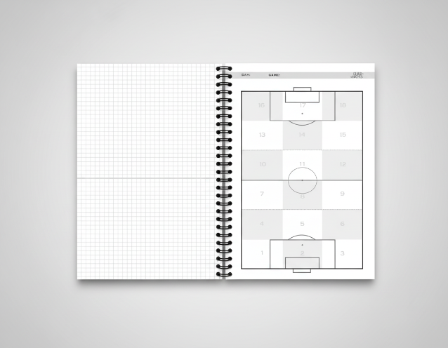 Notebook with soccer field diagram on a gray background