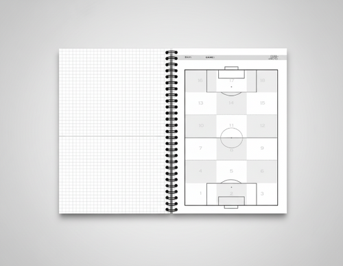 Notebook with soccer field diagram on a gray background